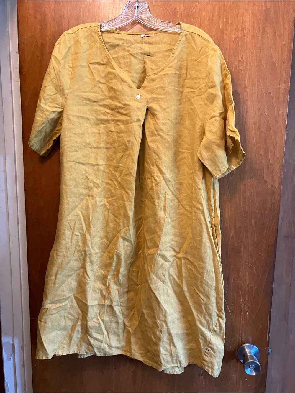 Modenmiss Mustard Short-Sleeve Linen Dress Lagenlook Knee length Size L
